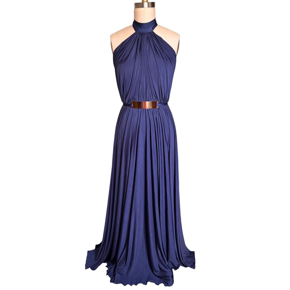 Nicole Bakti Navy Open‎ Back Halter Gown S Slinky Evening Prom Dress